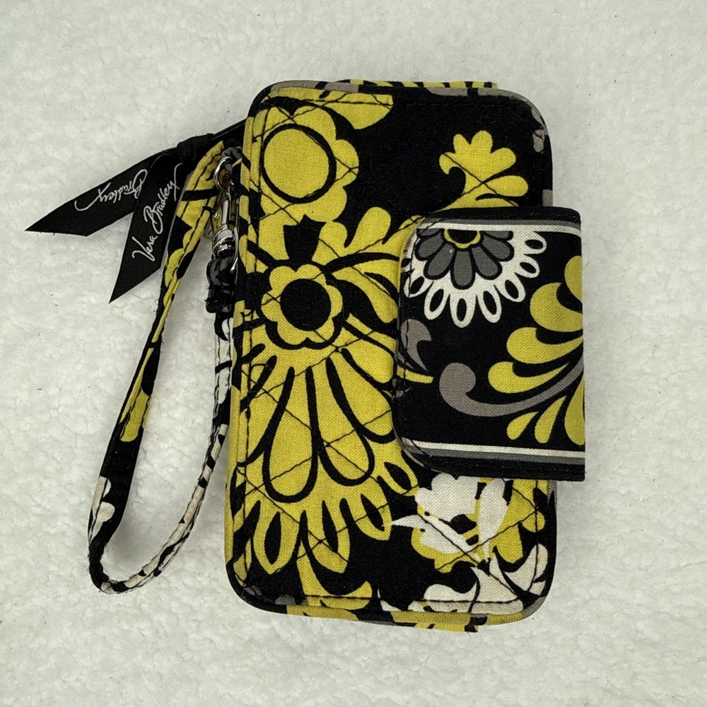 Vera Bradley Baroque Wallet Wristlet 5.5" x 3" Yellow Black Paisley 2010 Strap